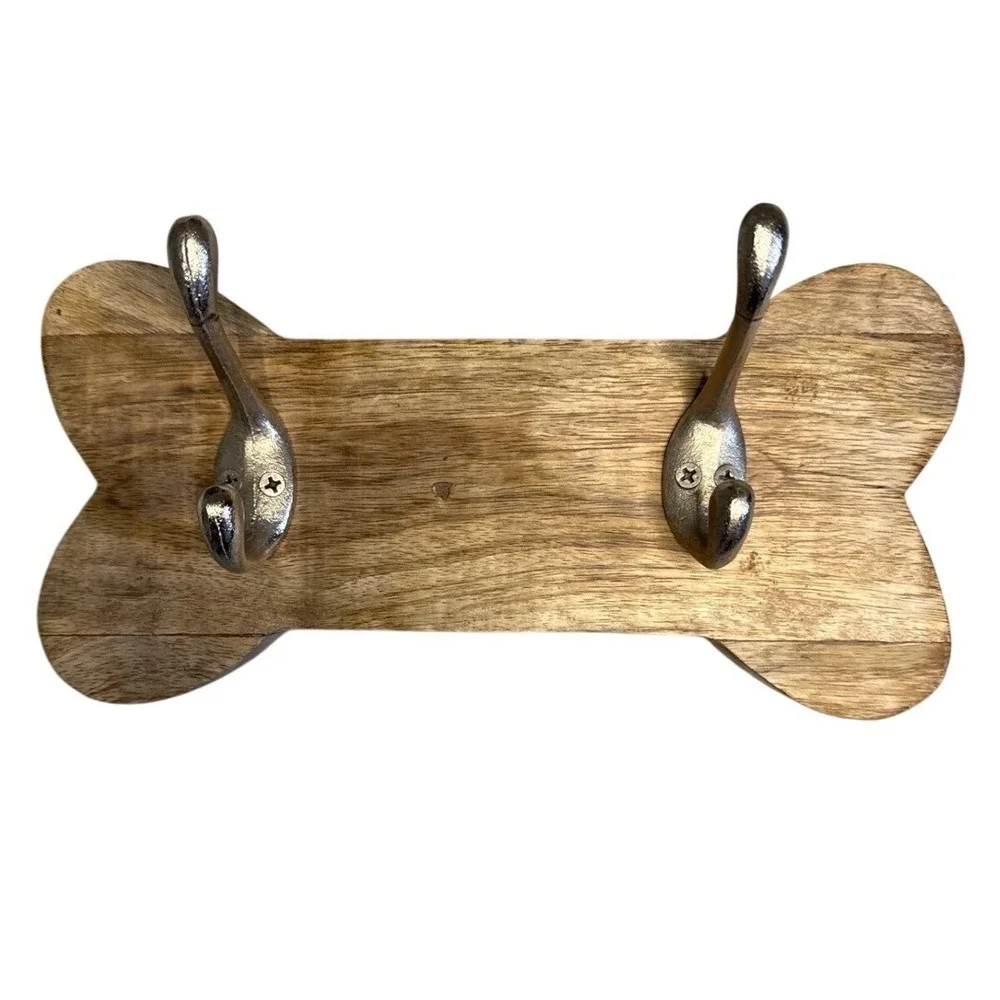 Dog Bone Wood‎ Wall Hook Rack Leash Holder Hat Coat key Silver Double Hooks Rack